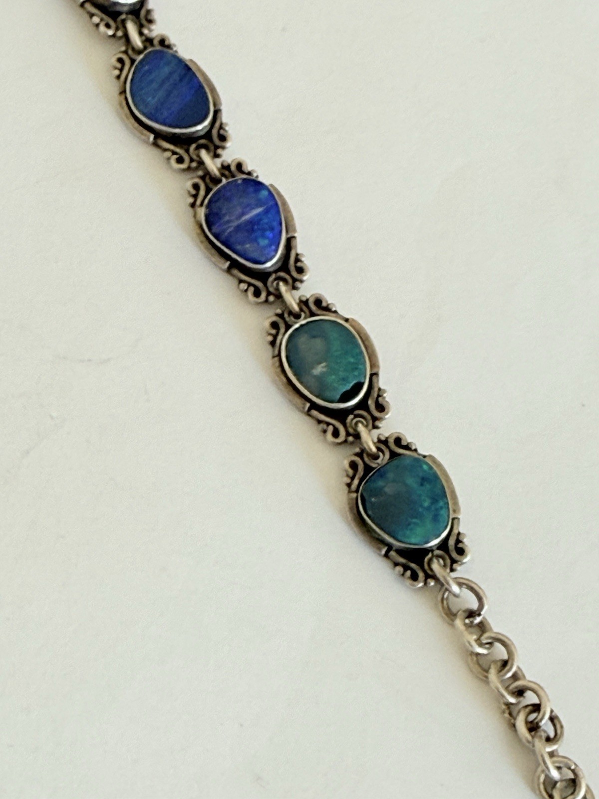 Vintage Sterling Silver Blue Australian Opal Link Bracelet 7”