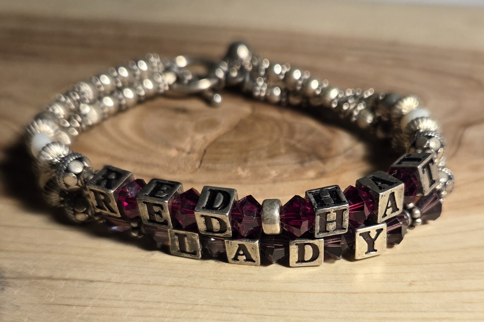 “Red Hat Lady” Personalized Sterling Silver Block & Beaded Bracelet Vintage