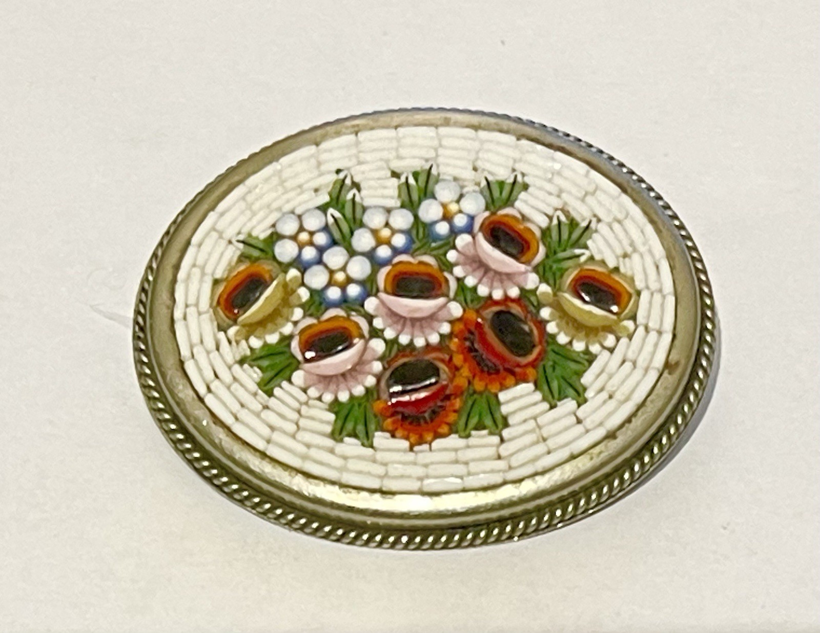 Vintage ALP Italy Micro Mosaic Floral Bouquet Design Brooch Pin Oval 1 5/8″☚☚☚💐