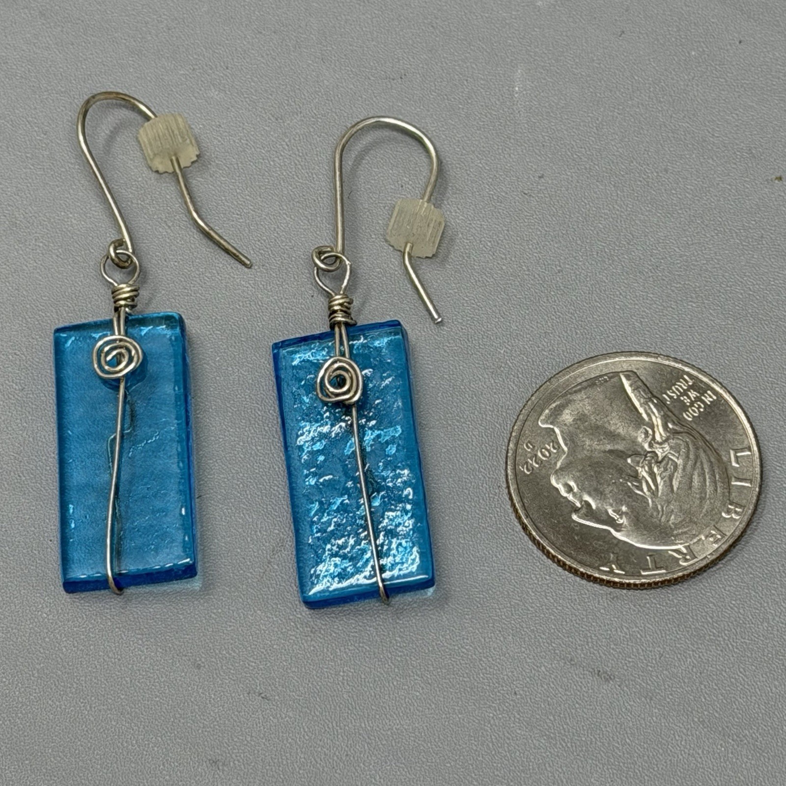 Blue Glass Bead Earrings Wire Wrapped Rectangle Dangle Drop Pierced Bohemian