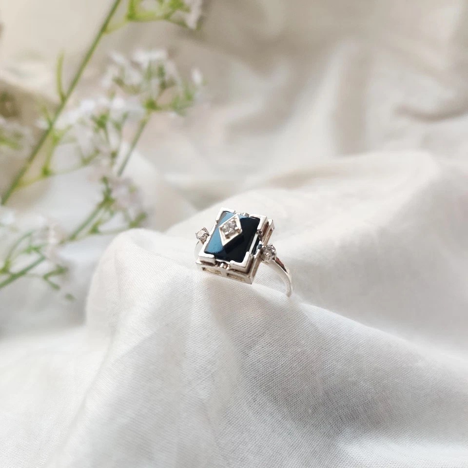 Art Deco Style Lab-Created Diamond & Black Onyx 14K Wedding White Gold FN Ring