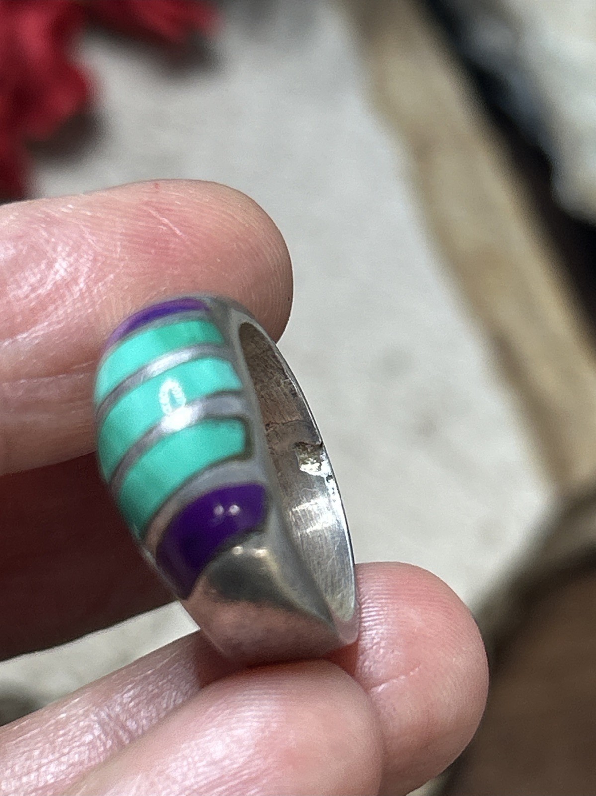 50. Vintage TAXCO Sterling 925 Green Purple Stone Inlay Ring 8.25s, 10.8g, Mex