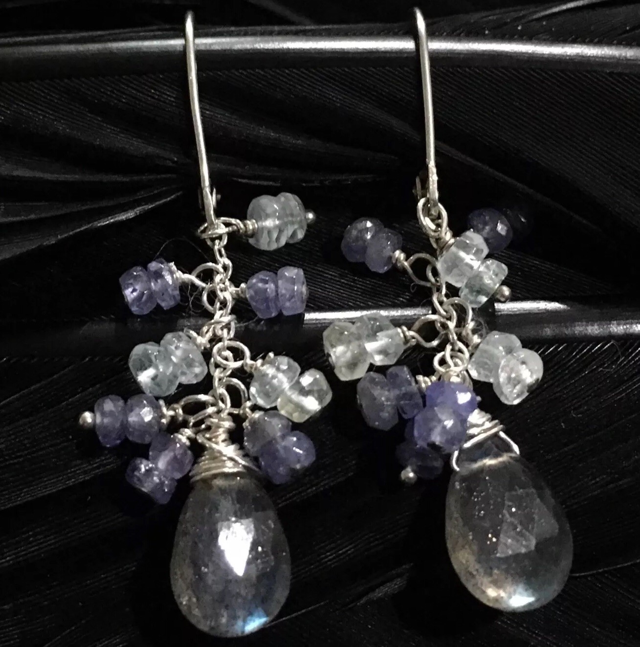 PRETTY ESTATE STERLING SILVER LABRADORITE & IOLITE DANGLE EARRINGS 1 13/16” LONG