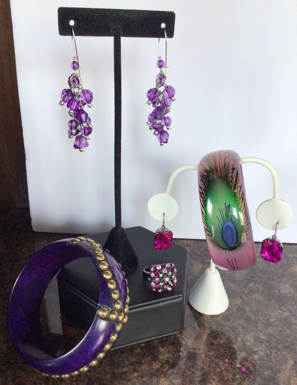 Purple Themed Jewelry Lot (11 Pieces) Silver/Gold tone Rhinestone Beads Enamel