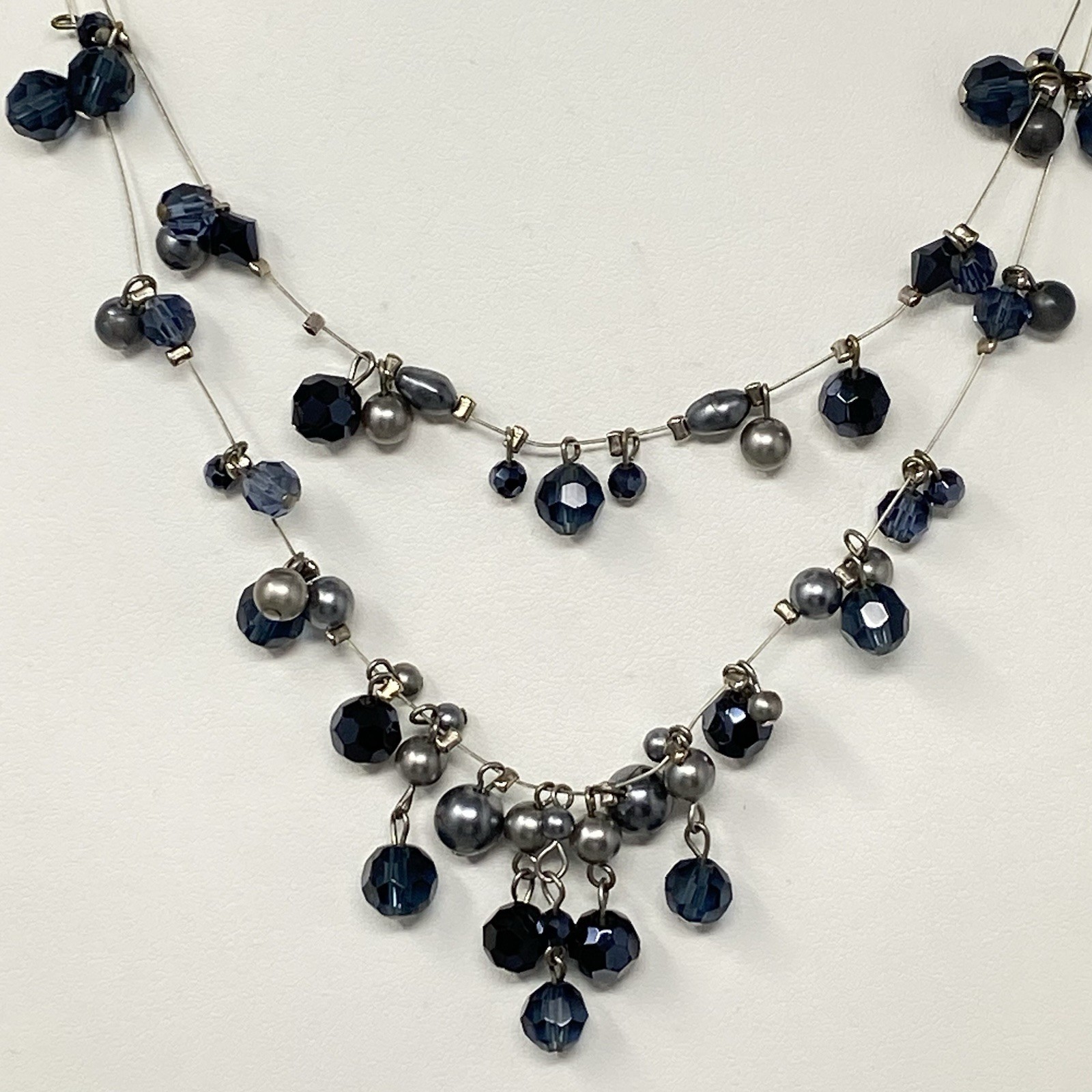 Glass Bead Fringe Necklace Blue Gray Station Layered Collar Memory Wire 19″