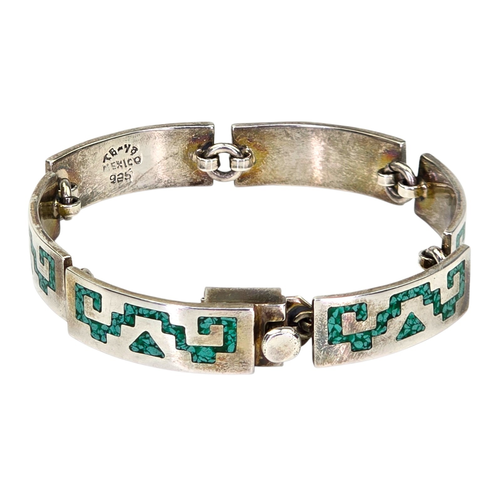 Vintage Signed Taxco Mexico Sterling Silver Turquoise Chip Inlay Link Bracelet