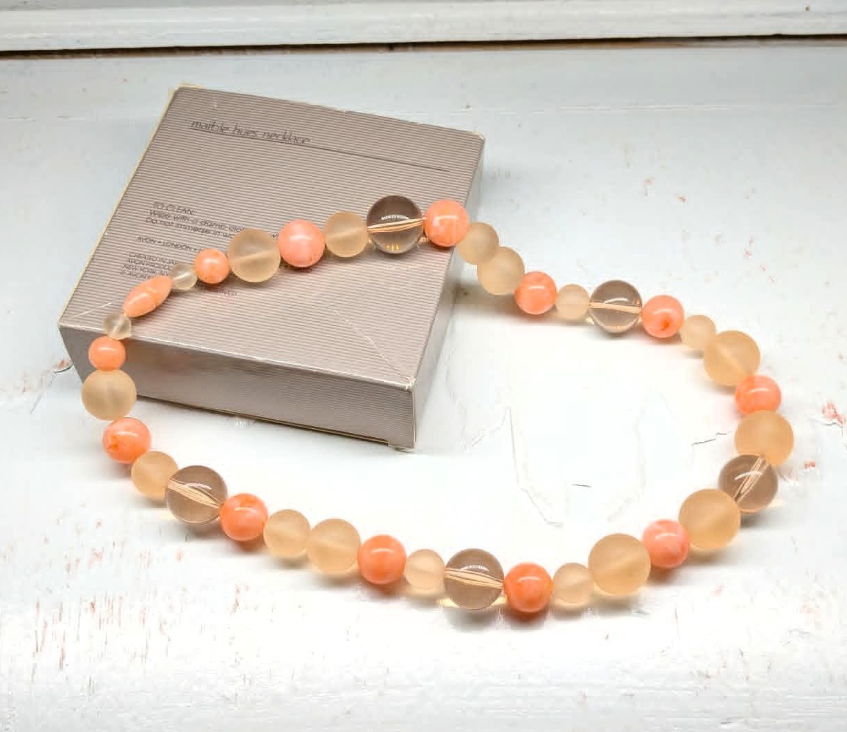 Vintage Avon 1986 Marble Hues Soft Coral Beaded Necklace 20 inch Costume Jewelry