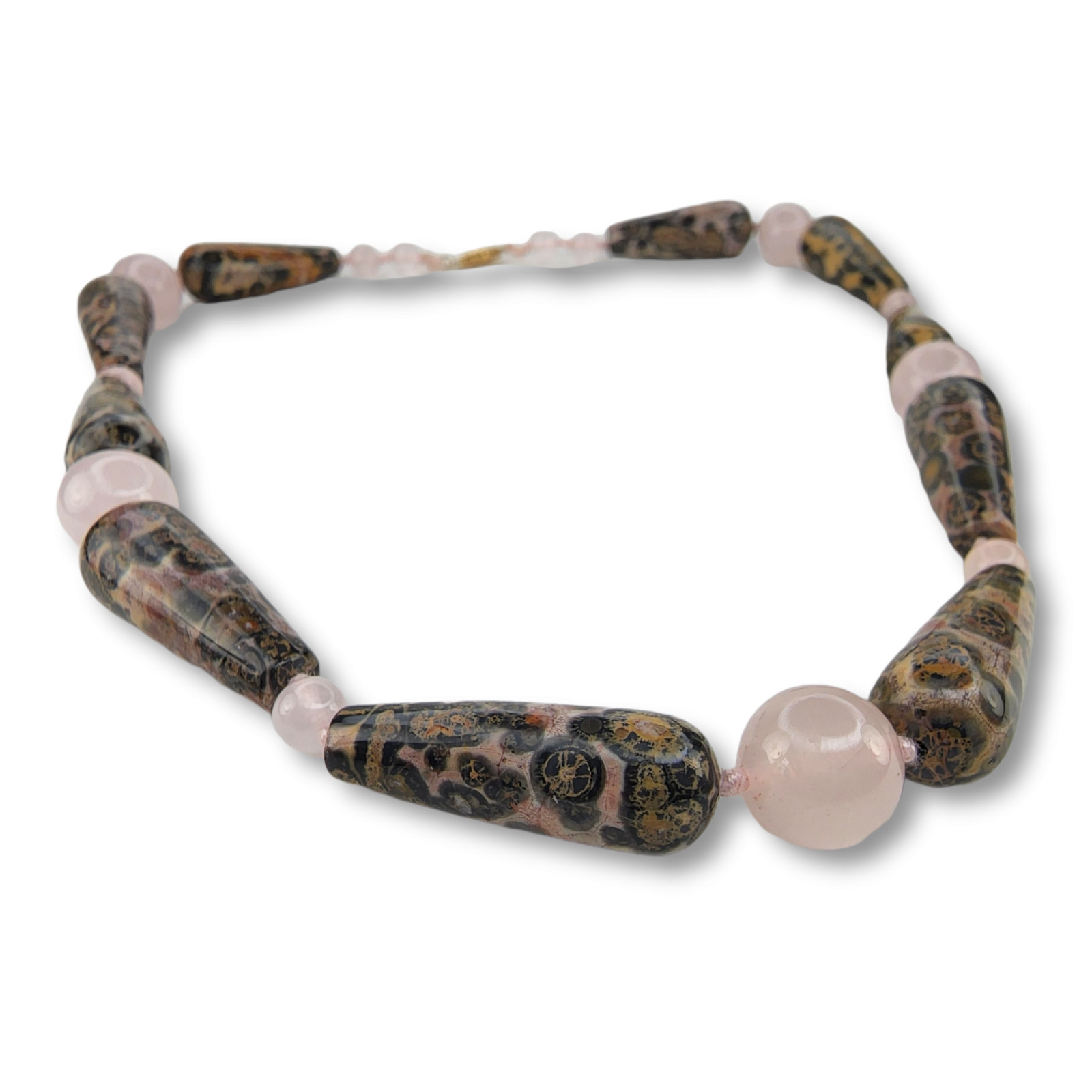 Vintage Rose Quartz and Pink Ocean Jasper Necklace with 14KT Yellow Gold Clasp
