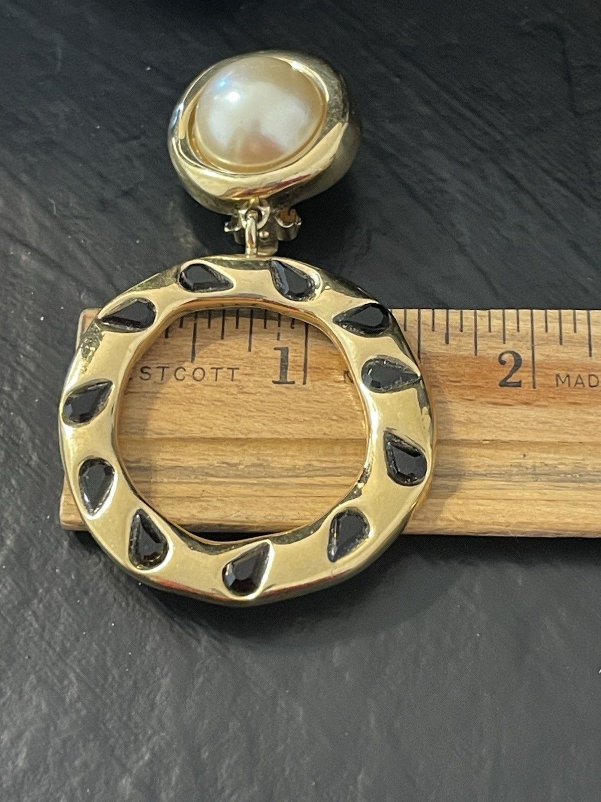 Givenchy Vintage Hoops Earrings Gold Pearl Drop Dangle Black ‘Onyx” Clip Ons