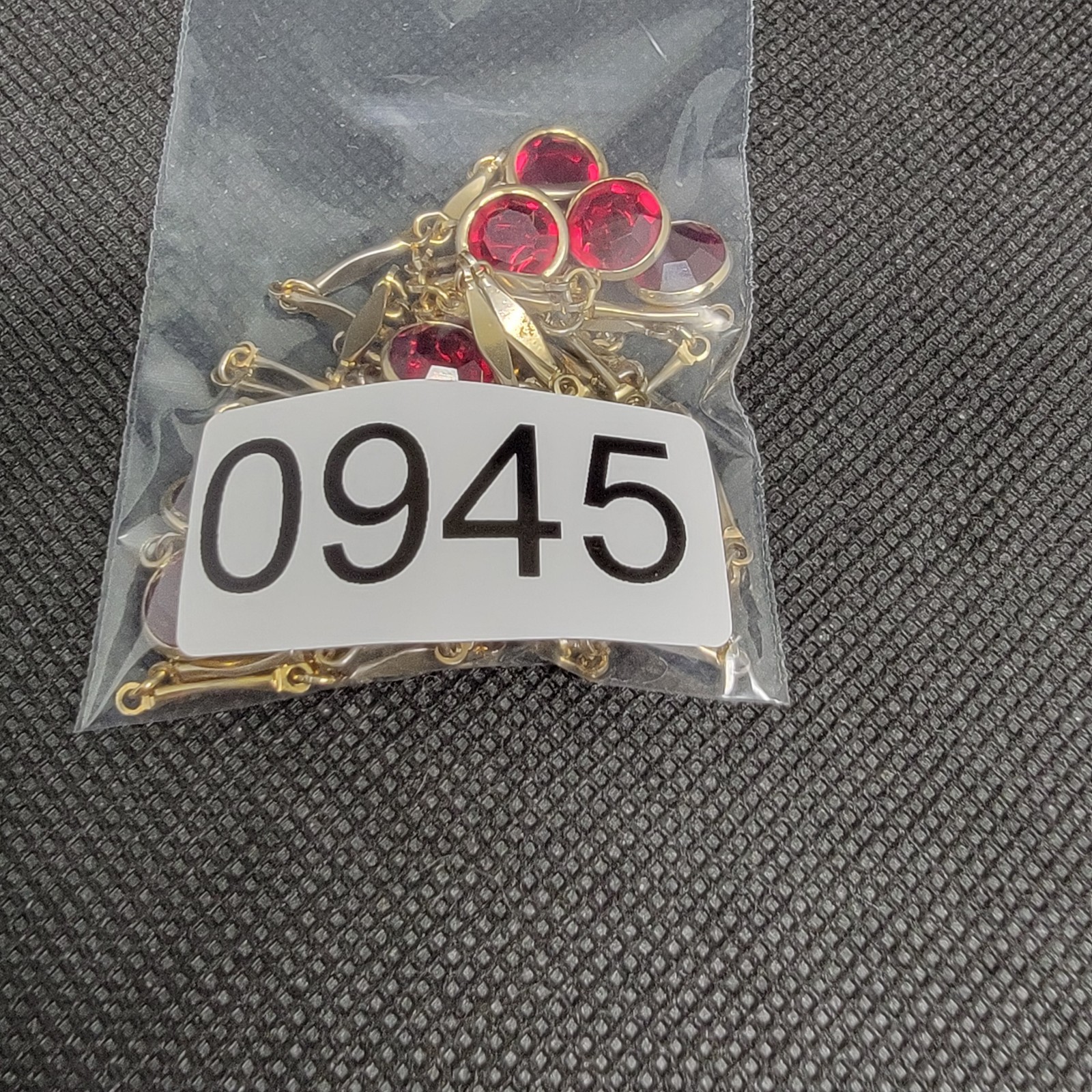 Vintage Gold Tone Red Resin Station Necklace Bezel Set Dangle Link