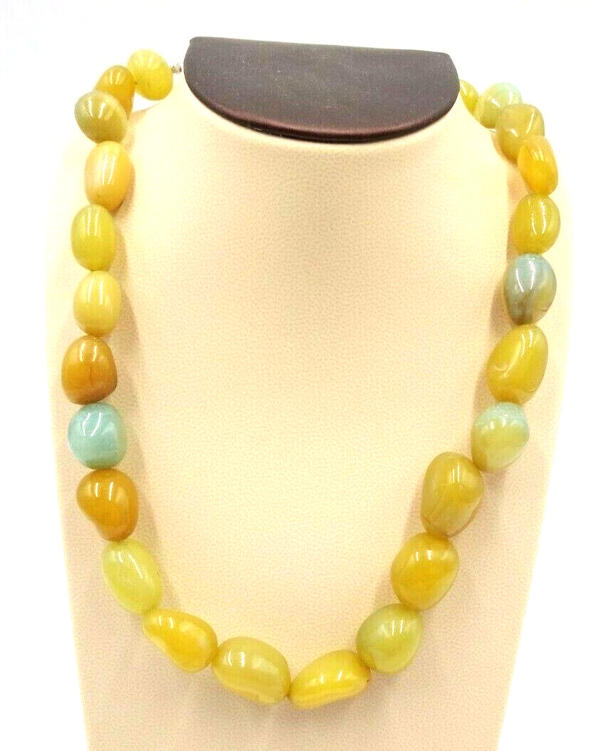 Vintage Artisan Made 20″ Hand Made Olive Opal Stones Necklace w/ Hook Clasp