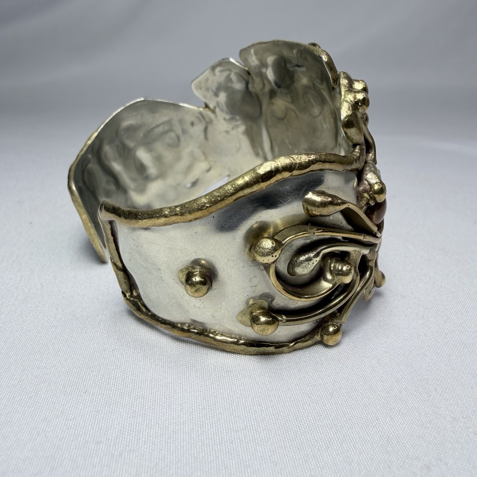 Beautiful Brutalist Mixed Metal Cuff Bracelet Brass & Copper Large Natural Stone
