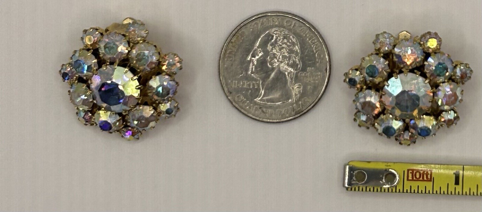 Iridescent Clip On Earrings Cluster Prong-set Rhinestones In Floral Design