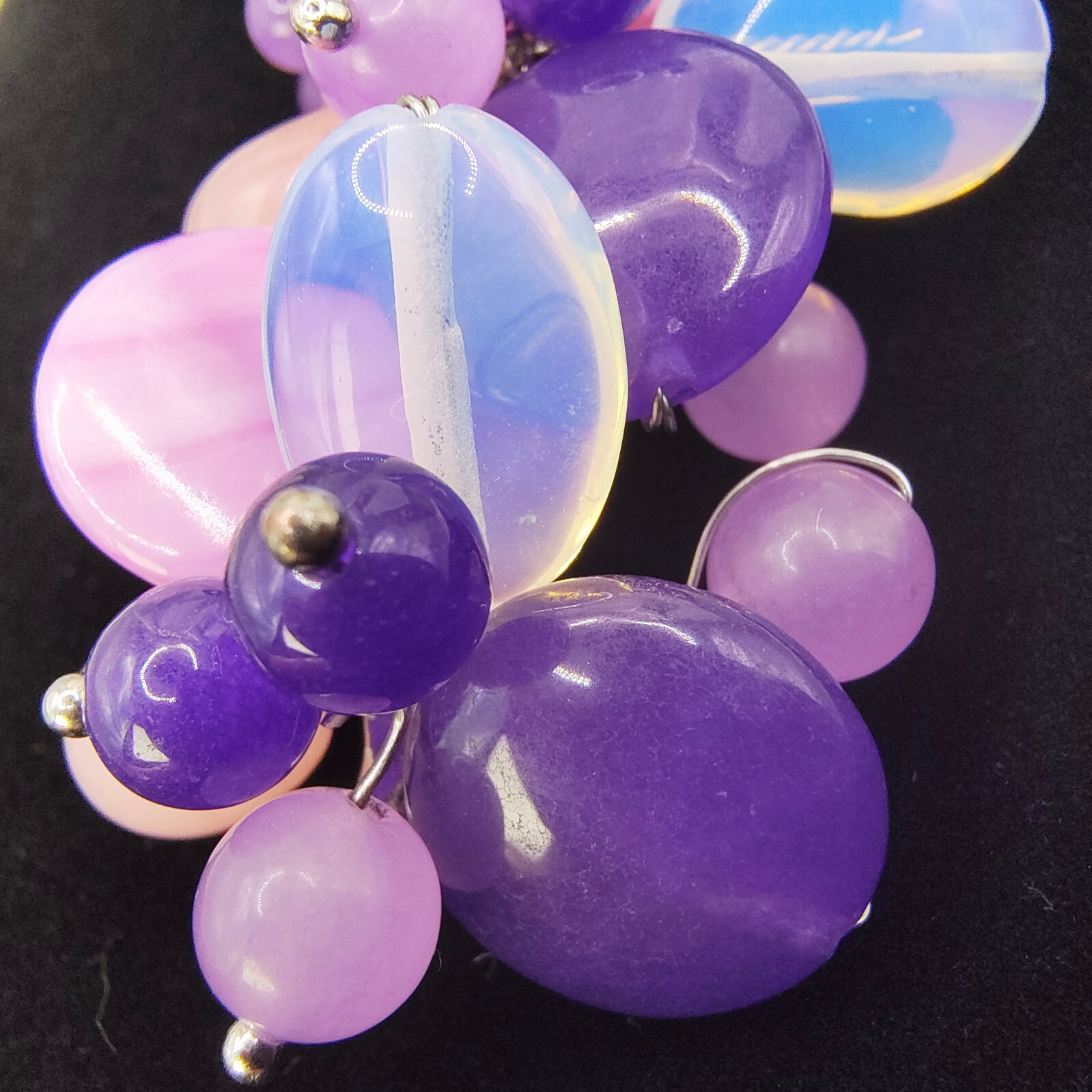 Chunky Purple Art Glass Brooch Pin Silver Tone Glass Beads Cluster Wire Abstract