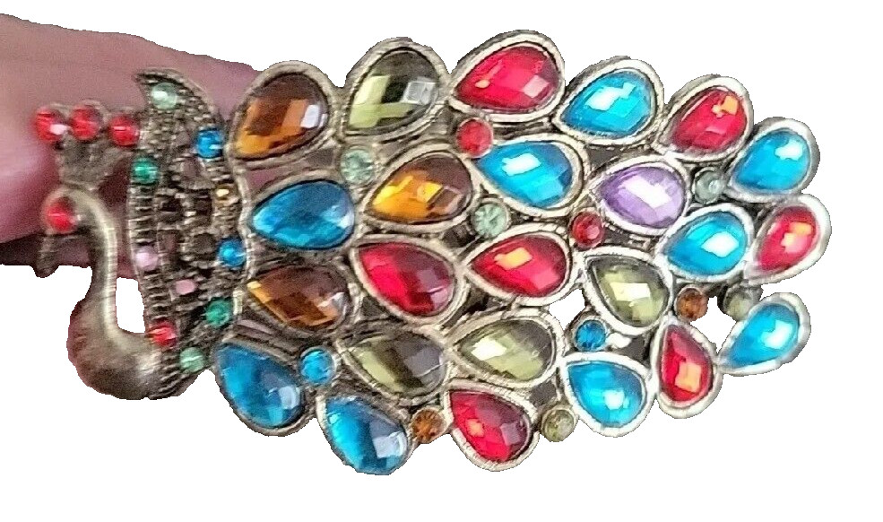 Vintage Bracelet Peacock Colorful Rhinestone Brass Clamp Cuff Hinged A53