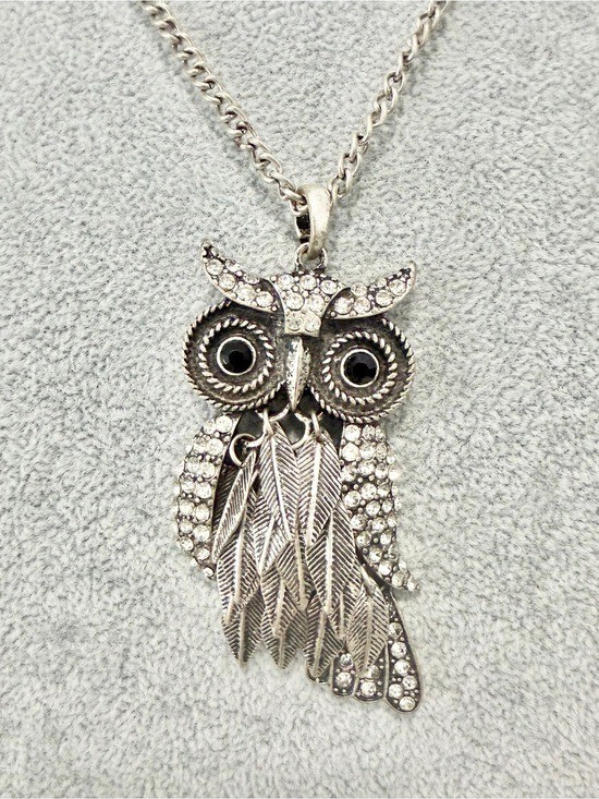 Vintage AERO 1987 Silvertone Articulated Rhinestone Owl Pendant Necklace Y3K