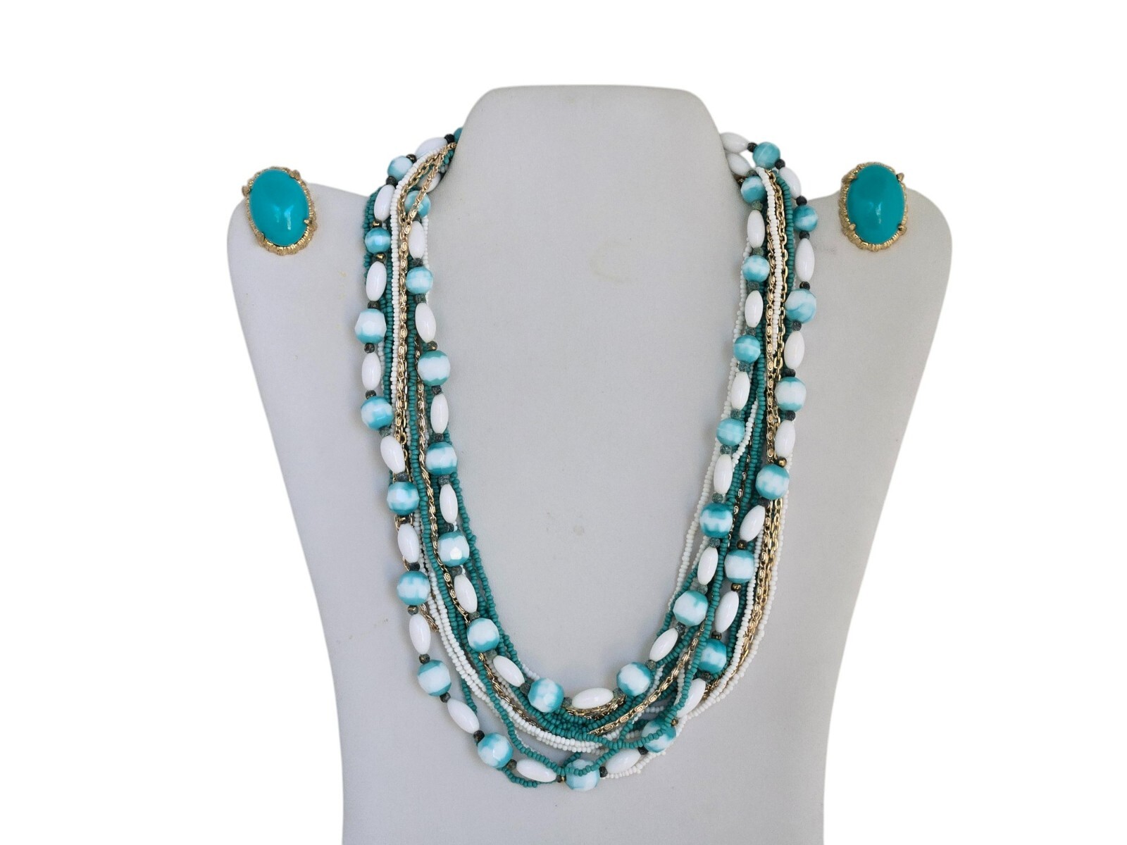 Vintage Turquoise and White Bead Necklace and Clip Earrings Set