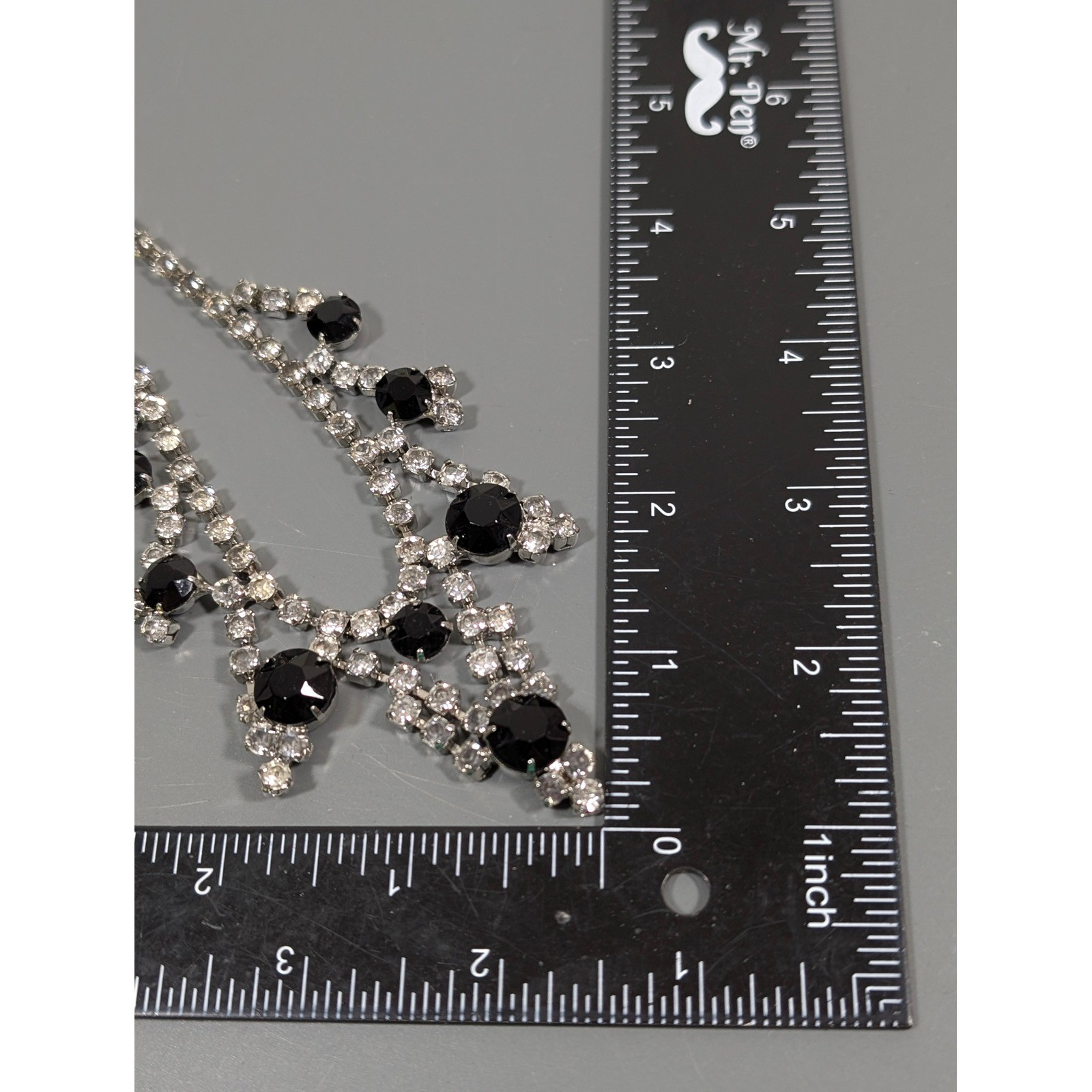 Vintage Black Clear Rhinestone Choker Necklace Silver Tone Bib Statement 15″