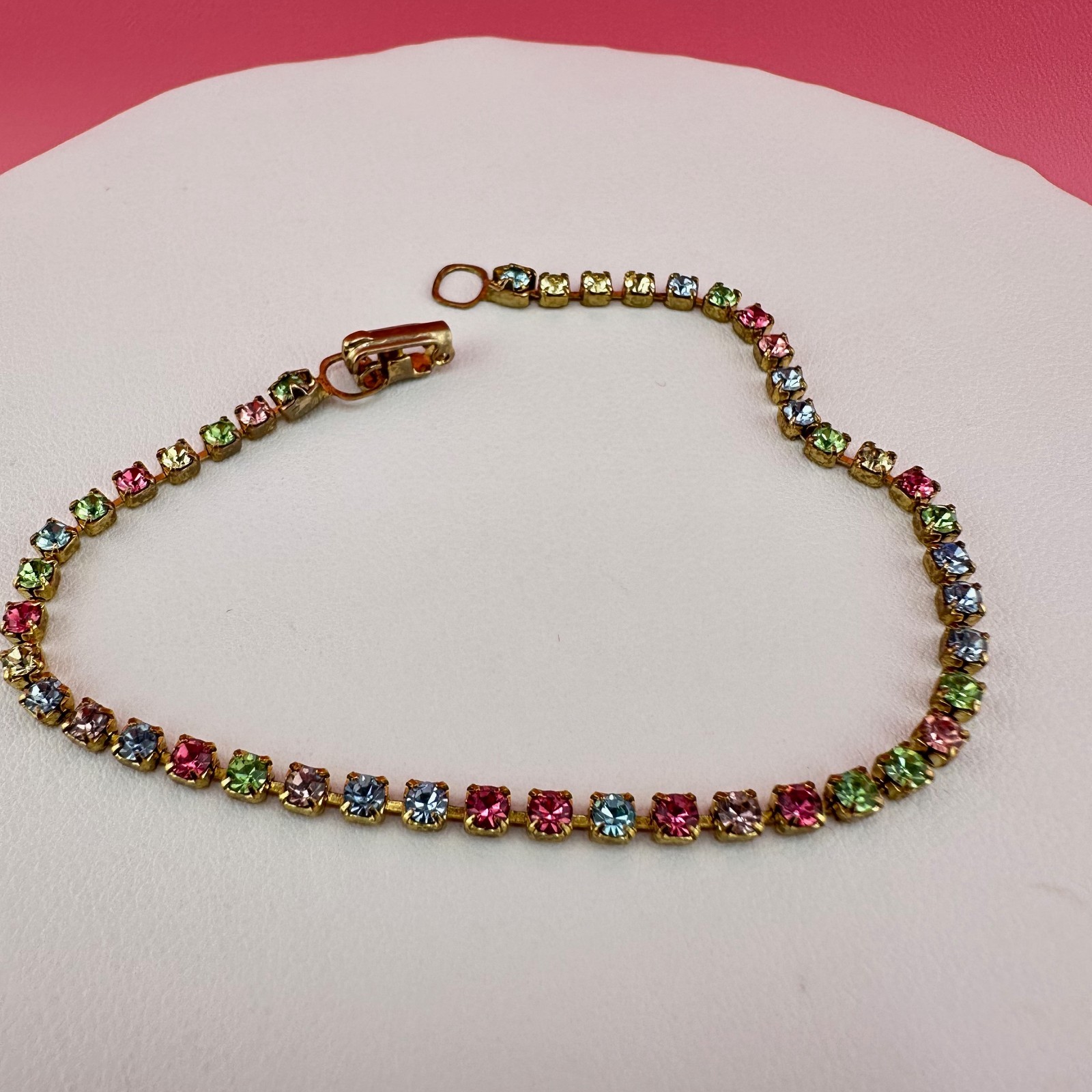 Vintage Rhinestone Bracelet Pastel Multi Color Gold Tone Tennis Cup Chain 6.75″