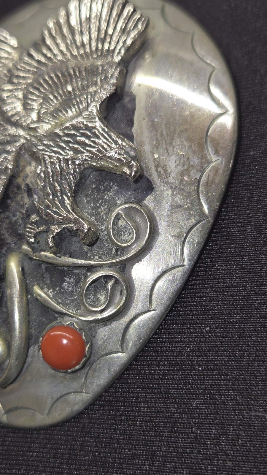 Vntg NAVAJO STERLING Silver Bolo Tie Attacking Eagle With TURQUOISE & Red CORAL