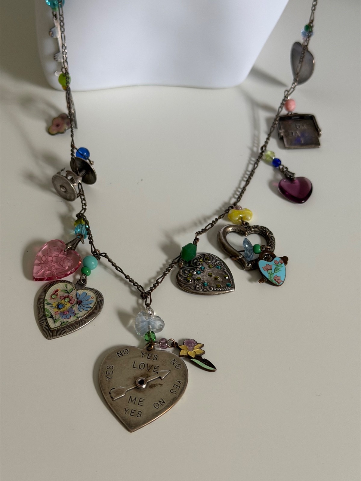 Vintage Glass Works Studio 32″ Multi Charm Necklace Love Me Spinner I Love You G