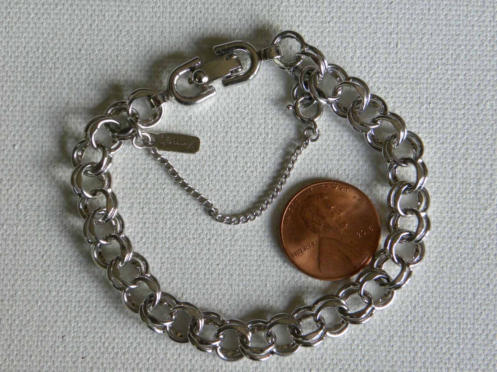 MONET Starter Charm Bracelet Double Link Silver Tone 7 1/8 Inch Safety Chain Vtg