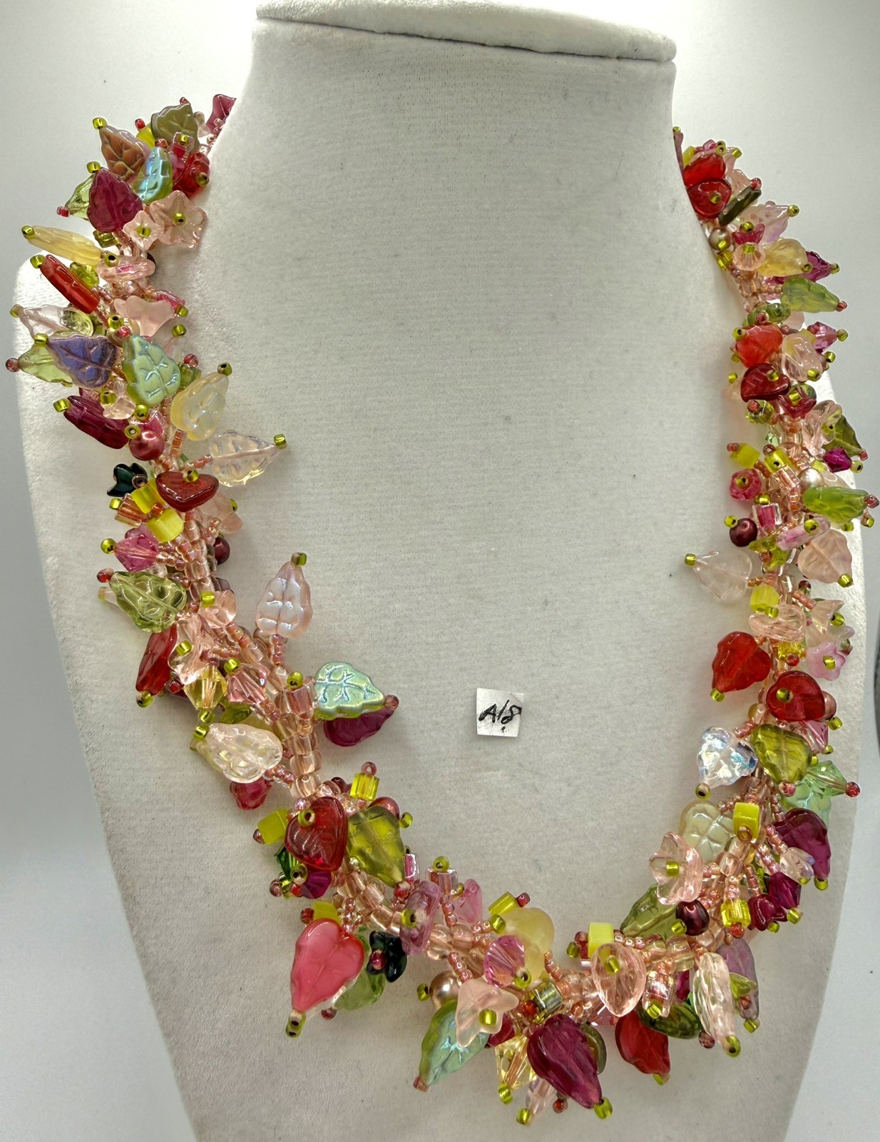 Cottagecore Glass Bead Cluster Necklace Pink Green Floral Leaf Fairycore