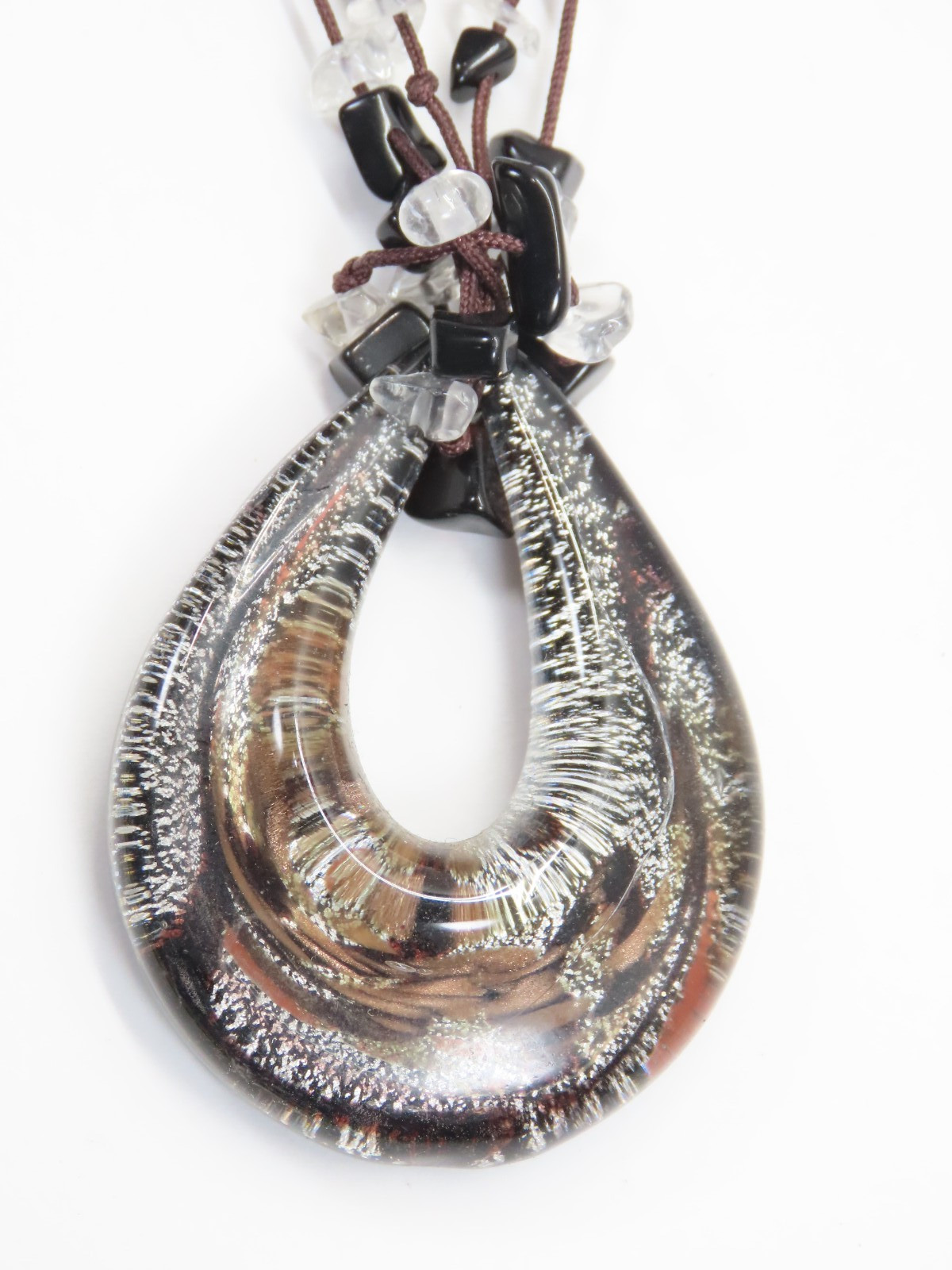 Signed Cg Art Glass Pendant Necklace Semi Precious Gemstones D2395