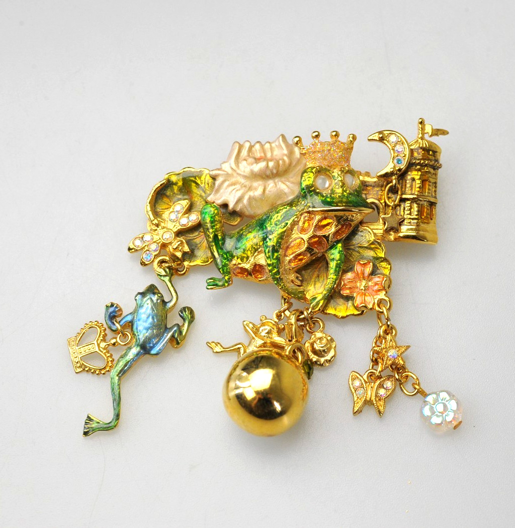 Kirks Folly Brooch dangle charm enamel rhinestone Frog Fairy prince crown AL14