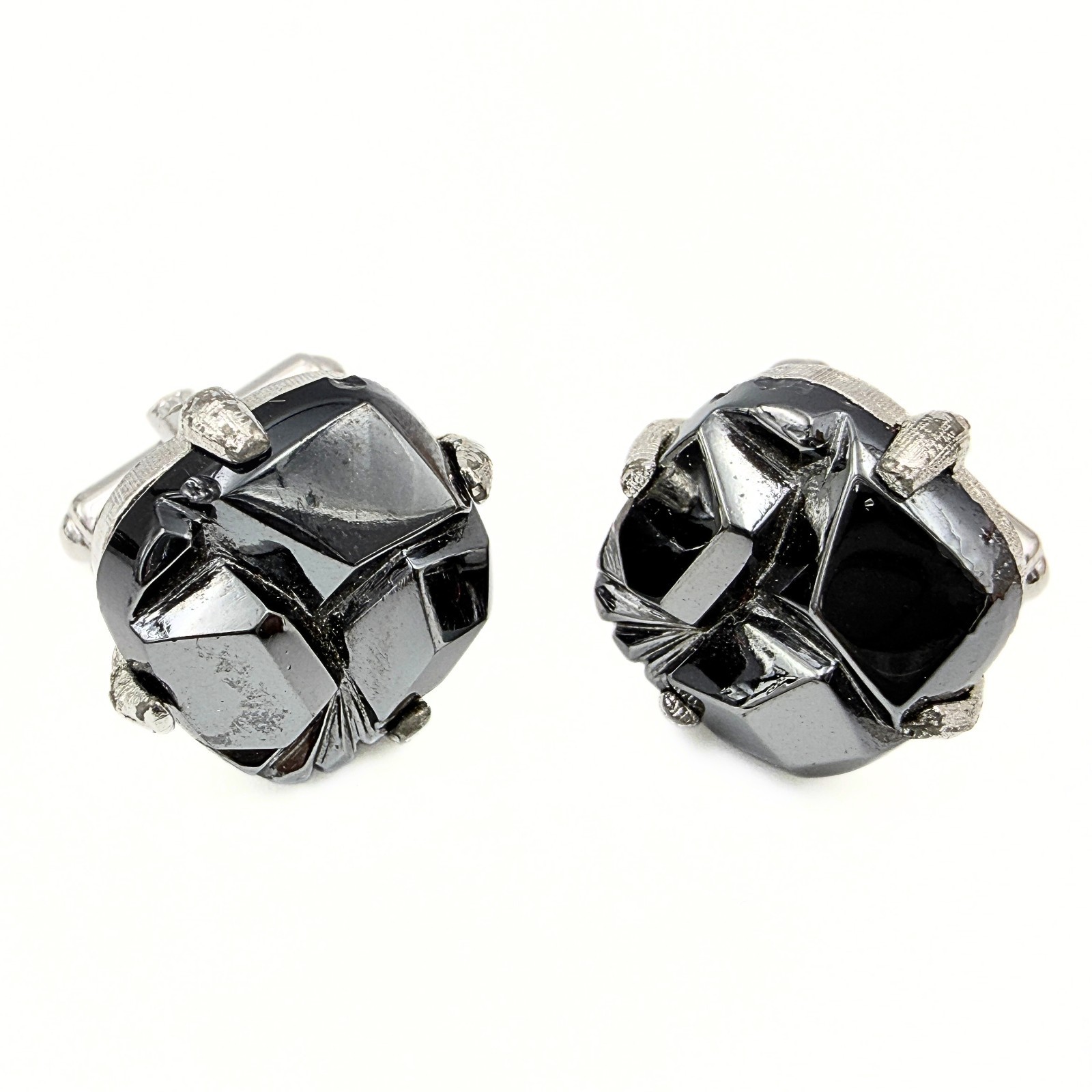 Swank Signed MCM Gray Glass Abstract Geometric Silver Plate Brutalist Cufflinks