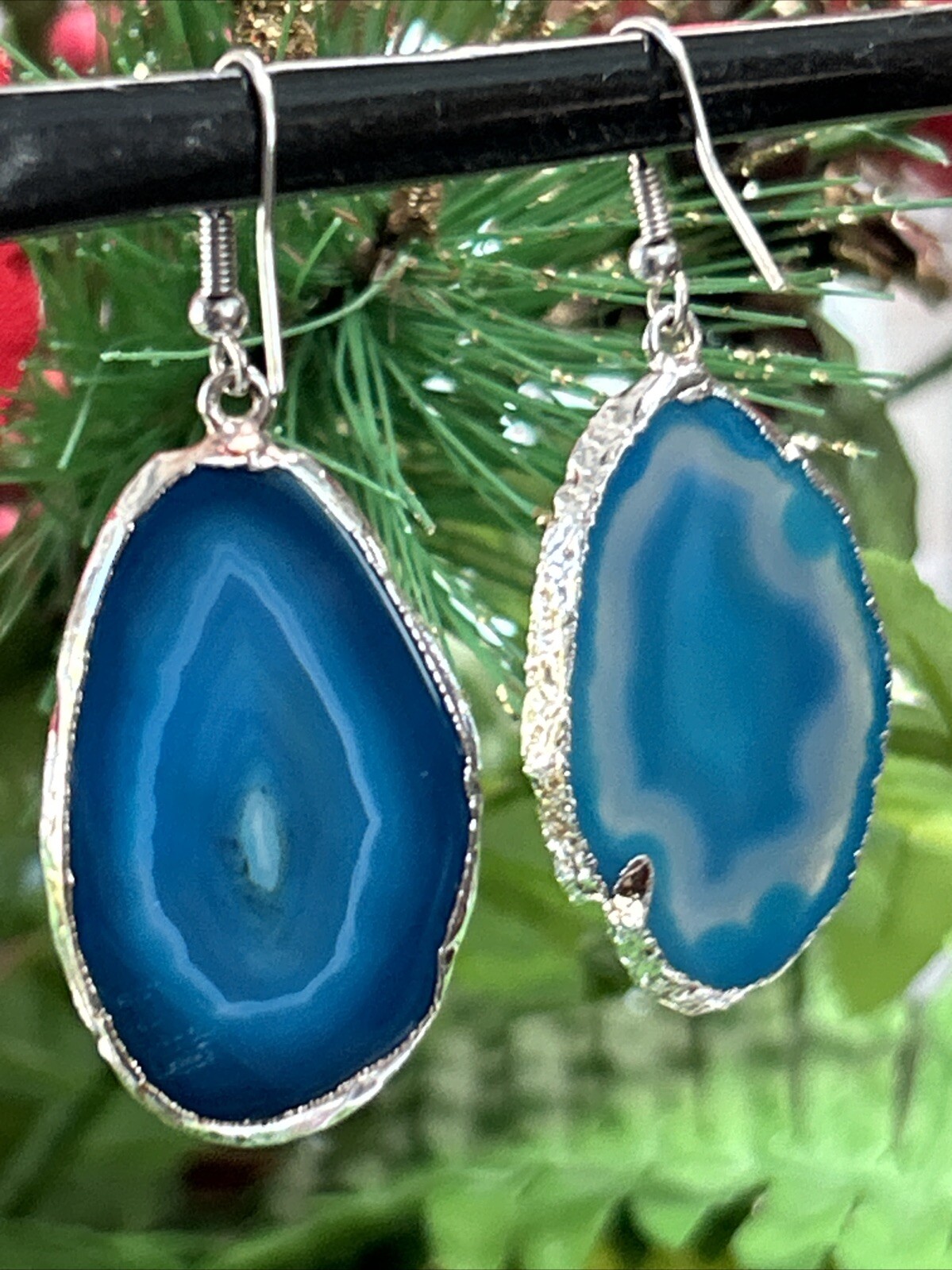 Vintage Silver Tone Blue Geode Slice Dangle Drop Pierced Earrings Large 2.25”