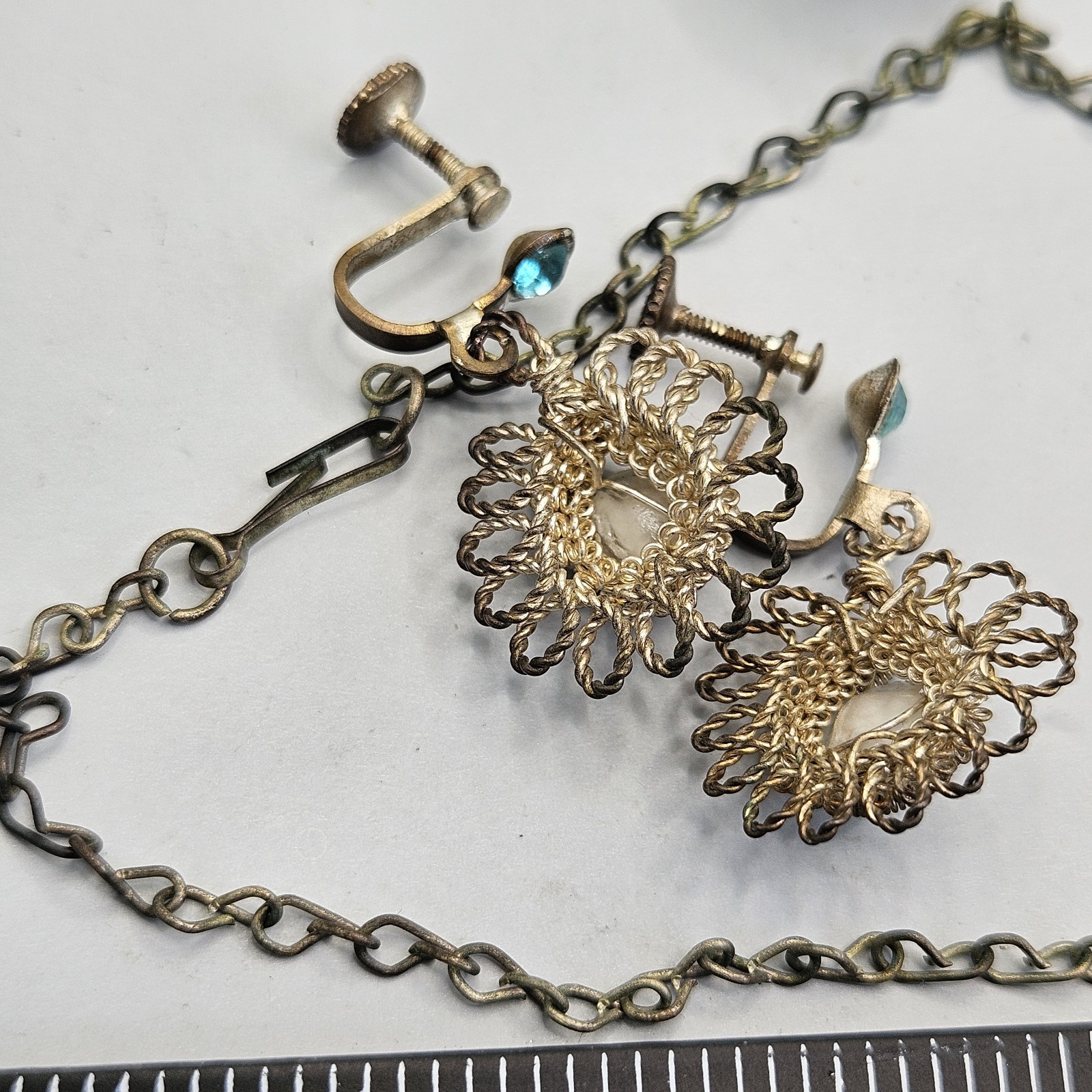 Antique Cannetille Spun Silver Necklace Blue Art Glass Screw Back Earrings Set