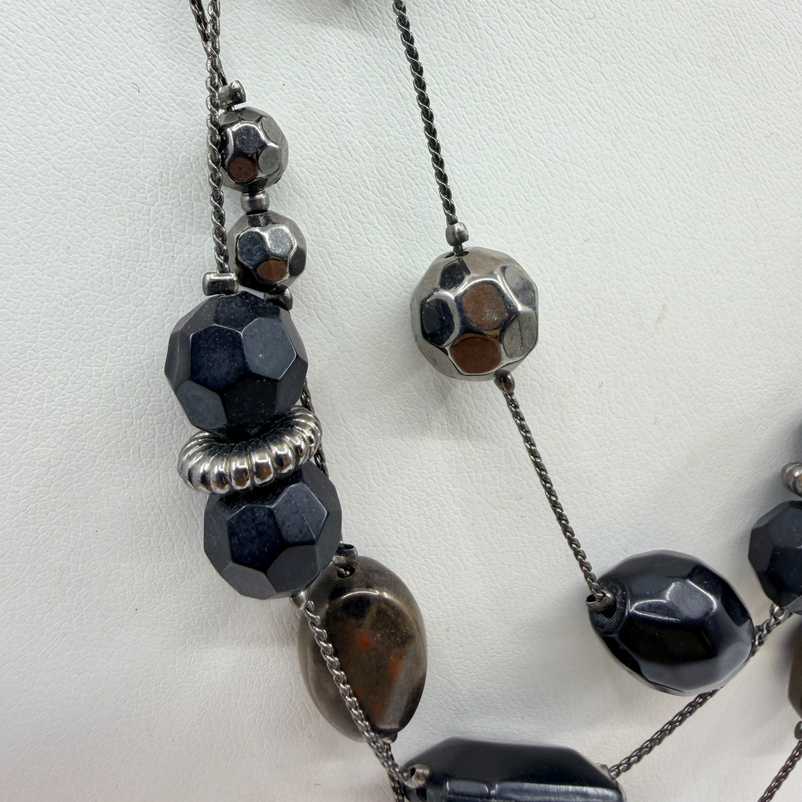 Vintage Gunmetal Tone Layered Necklace Multi Strand Black Onyx Color Bead Boho
