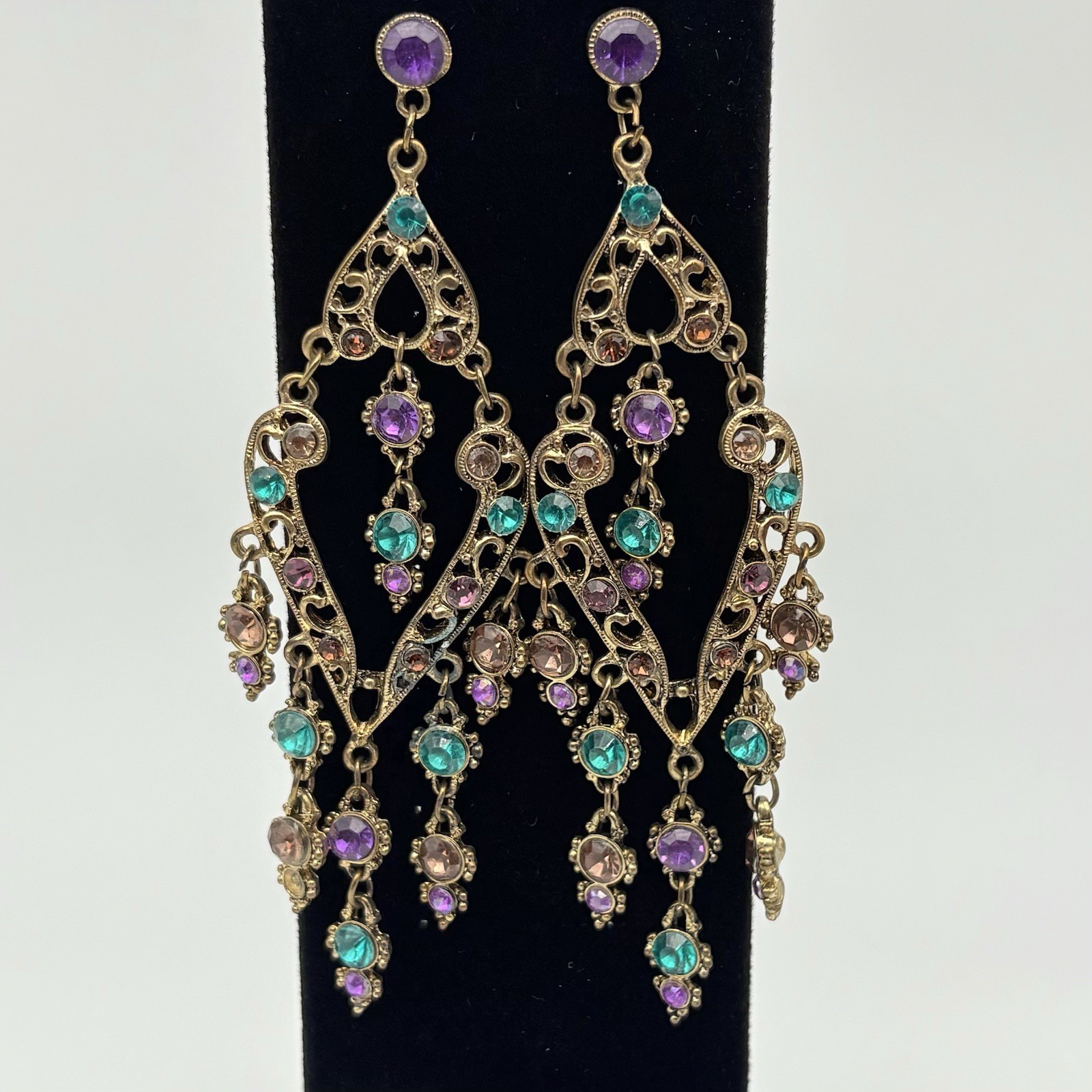 Long Vintage Dangle Drop Post Gold Tone Earrings Teal Purple Brown Rhinestones
