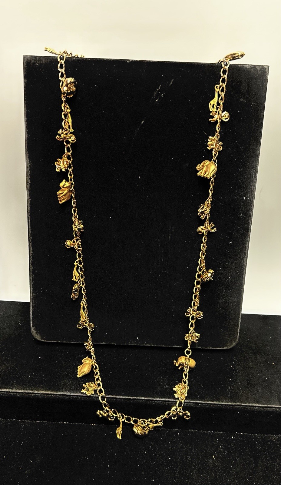 Vintage Gold Tone Safari Animal Crackers Charm Necklace Whimsical Costume