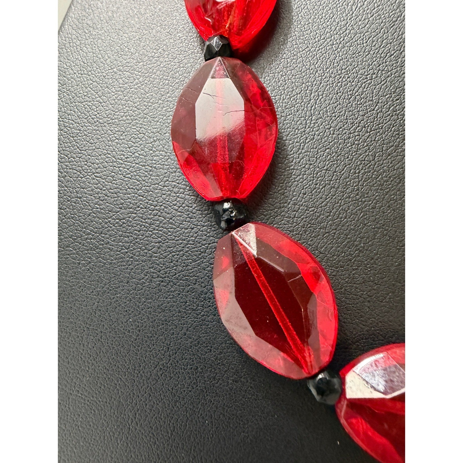 Vintage Glass Bead Necklace Red Black Faceted Oval Statement