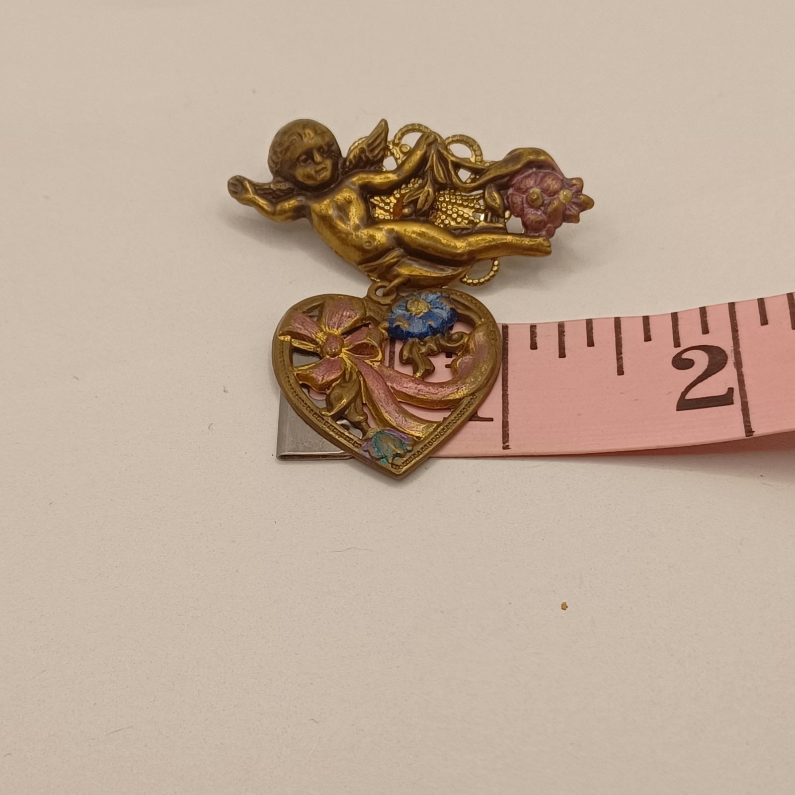 Brass Cherub with Heart Dangle Purple and Blue Enamel flowers and bow Pin Brooch