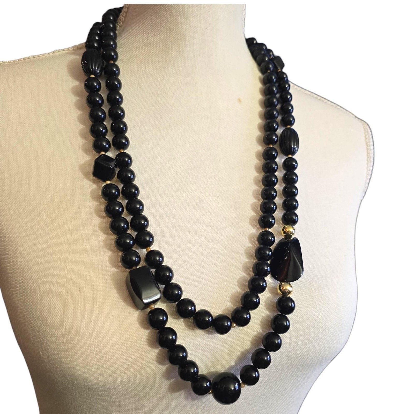 Vintage Necklace Black Beaded Gold Tone Clasp Double Strand 26″ SKU2510