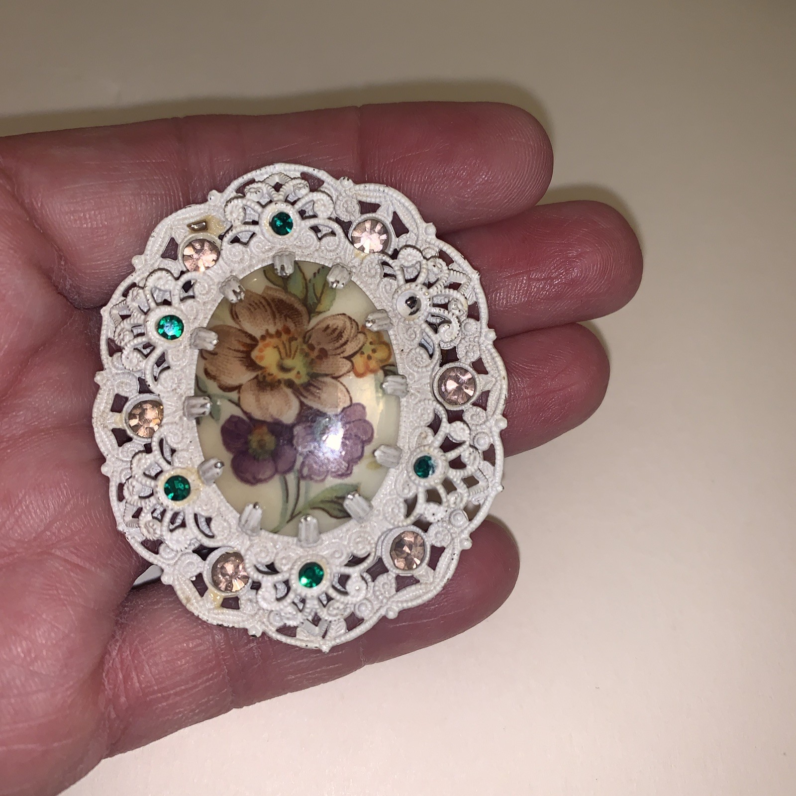 Vintage Hand Painted Brooch W Germany Purple & Green Rhinestones White Filigree