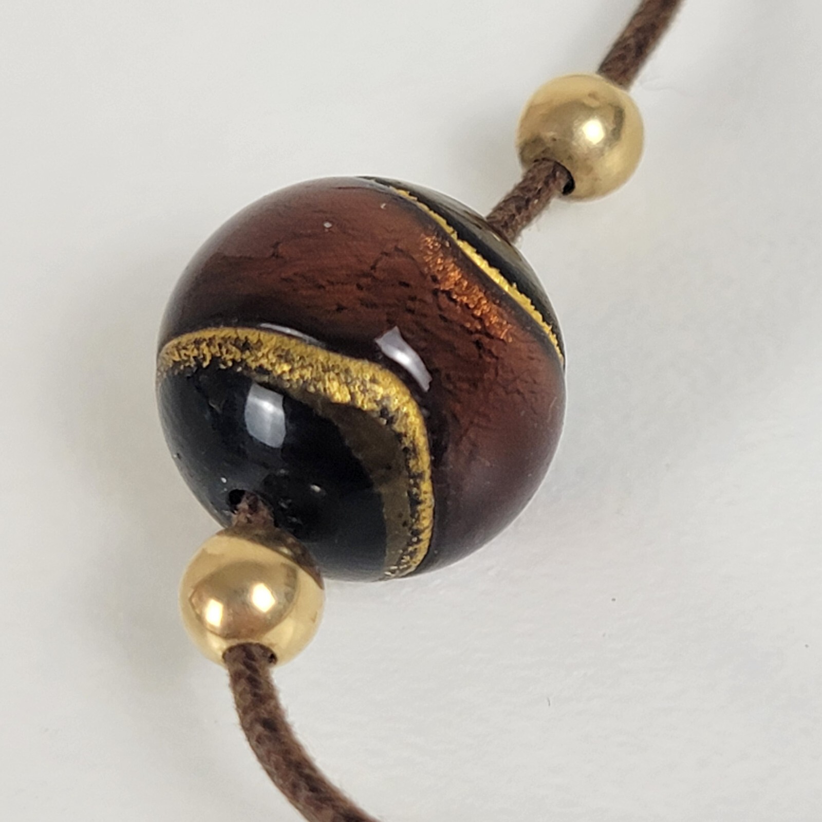 Vintage 14K Gold Millefiori Bead Charm Leather Cord Necklace 17.5 in Spring Ring
