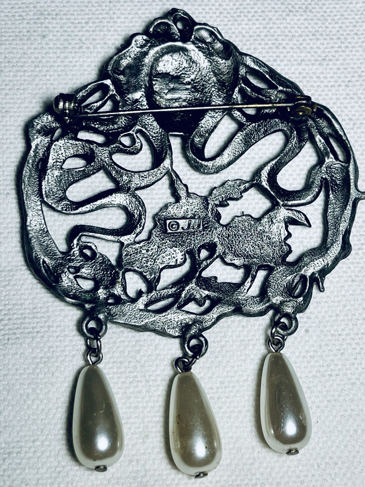 Vintage Signed JJ Jonette Art Nouvea Style Jewelry Brooch Pewter Tone Woman