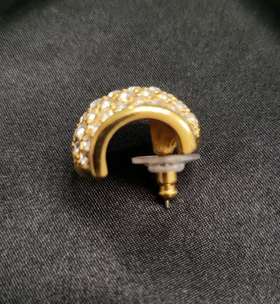 Vintage Signed Swarovski Gold Tone Pave Crystal Dome Barrel Stud Earrings