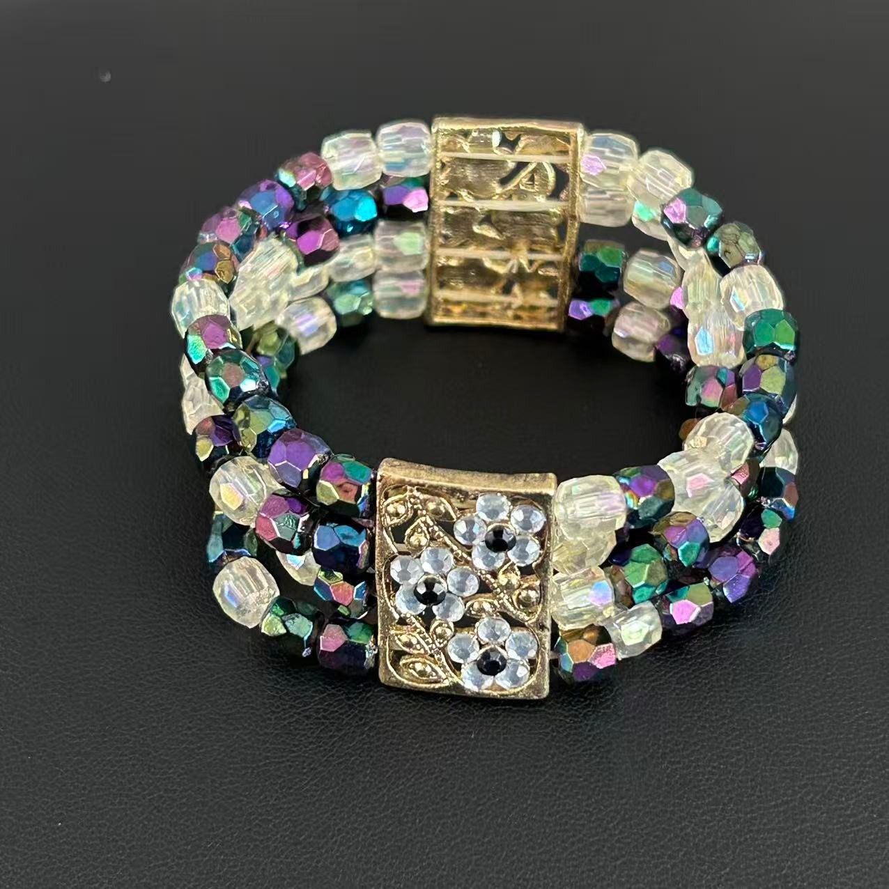 Vintage Peacock Beaded Stretch Bracelet Multi Strand Floral Cuff Iridescen