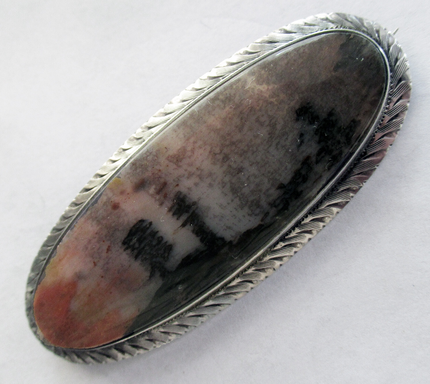 LARGE 2 3/8 INCHES NAVAJO STERLING PETRIFIED WOOD BROOCH PENDANT TOO