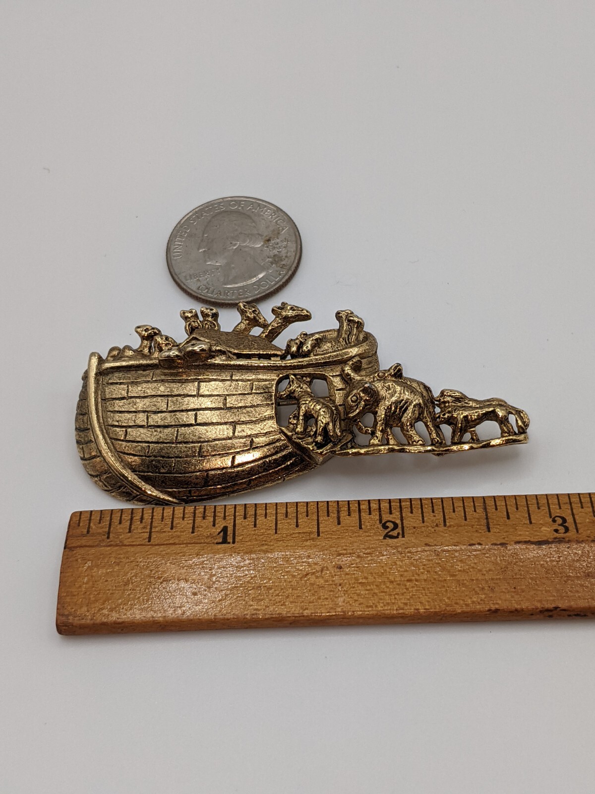 Vintage Noah’s Ark Brooch Pin Matte Gold Tone Approximately 2 3/8” Long