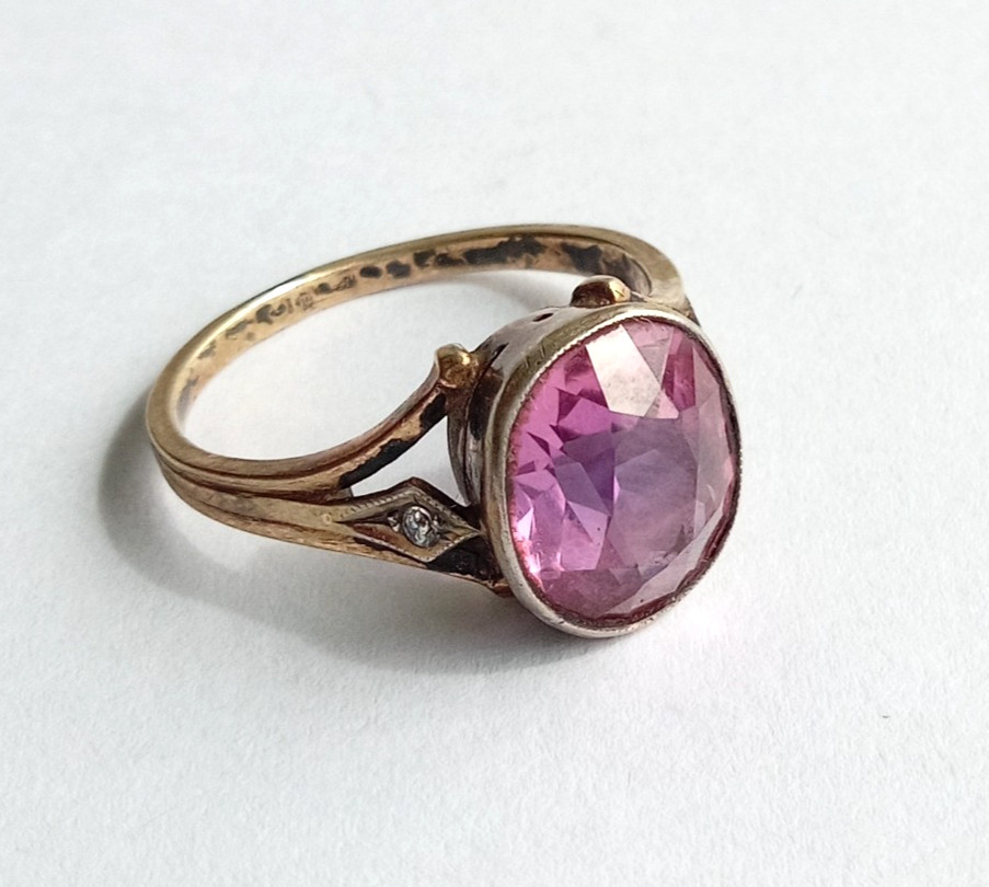 Vintage Ring Pink stone Gilt Silver 875 star USSR times Women’s Jewelry size 9.5