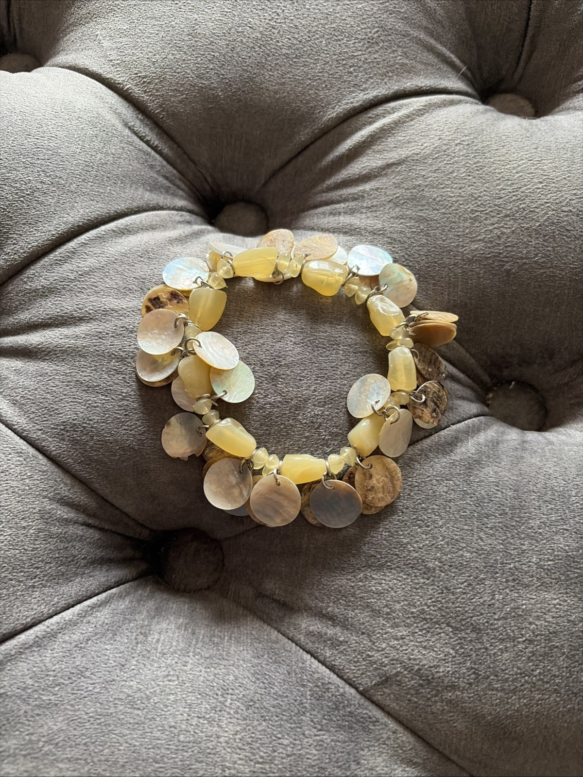 Stretch Bracelet Mother Of Pearl Disk Pale Yellow Tone Beads