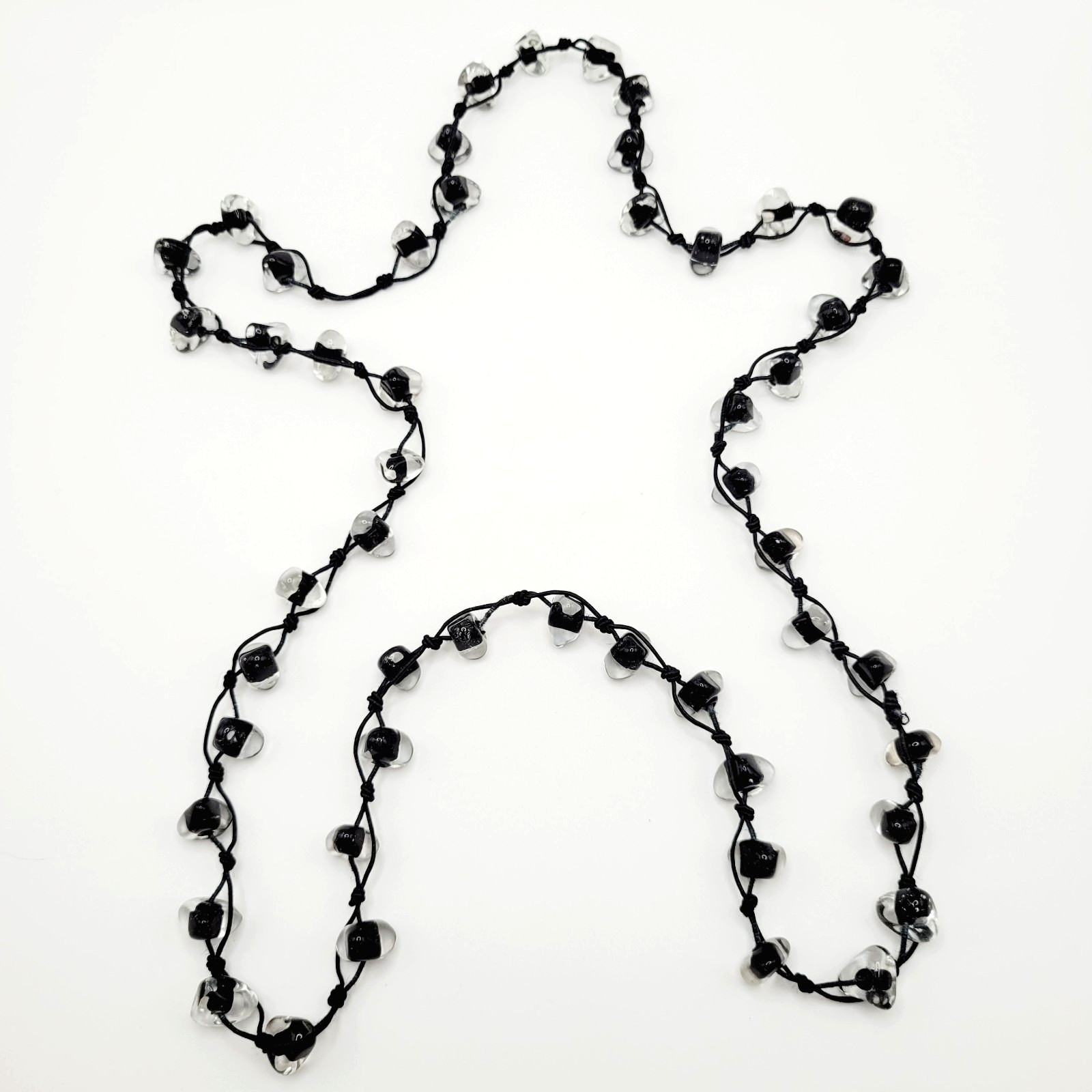 Art Glass Clear Ice Pebble Bead Hand Knot Black Thread Single Strand Necklace