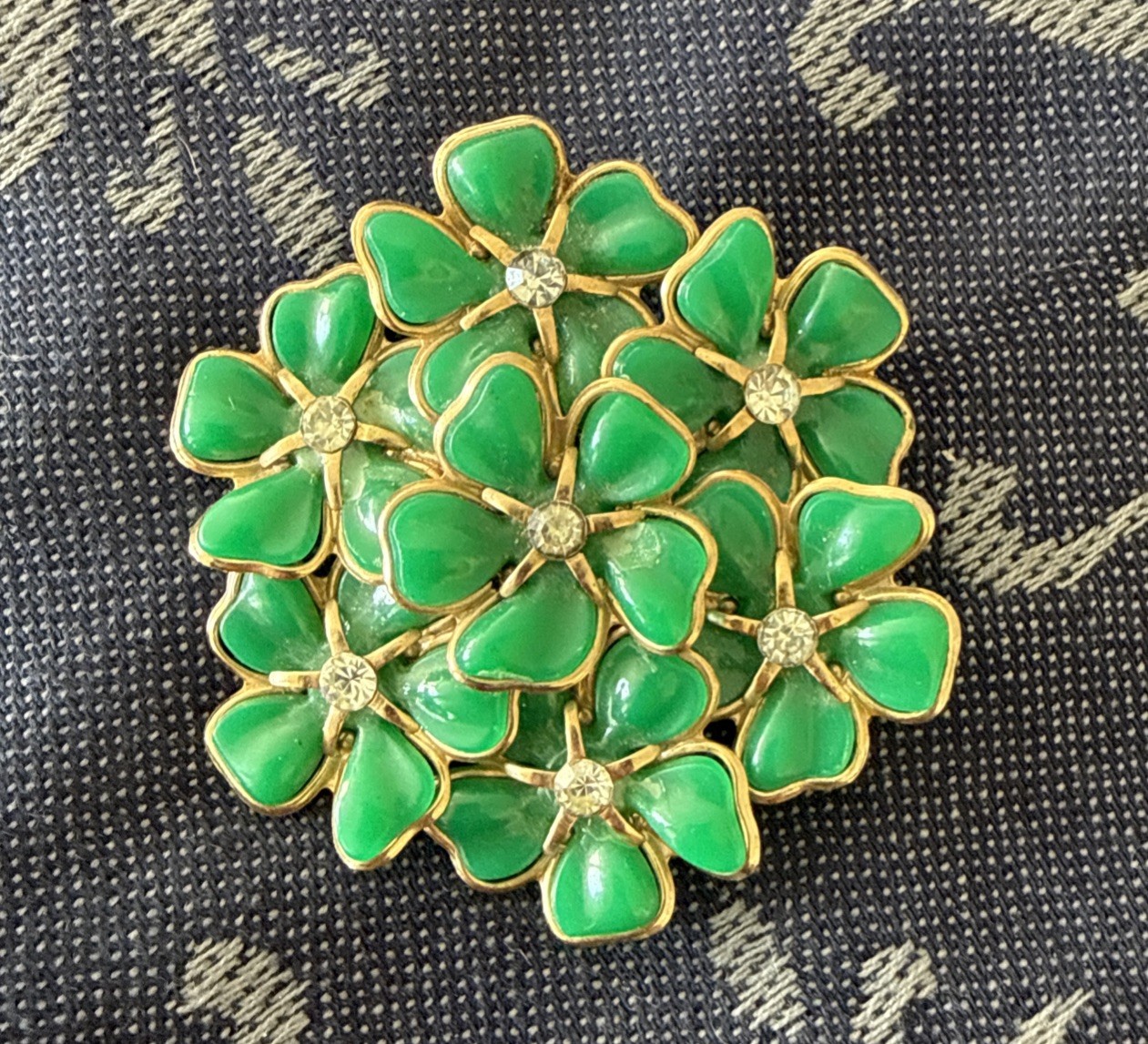 Rare Vintage Green Floral Cluster Brooch Pin W/rhinestone Accents Unsigned