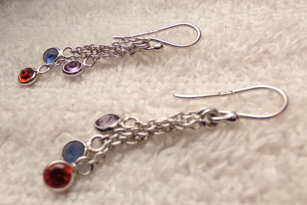 VTG SIGNED STERLING SILVER DROP CHAIN RED BLUE PURPLE CZ DROP PIERCE EARRINGS
